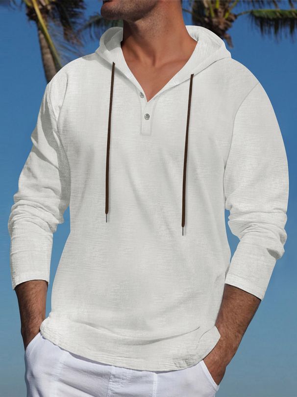 Men's Linen-Blend Hooded T-Shirt – Lightweight Long Sleeve Pullover With V-Neck, Casual Streetwear Essential (White/Black/Blue/Grey)_viptrois.com