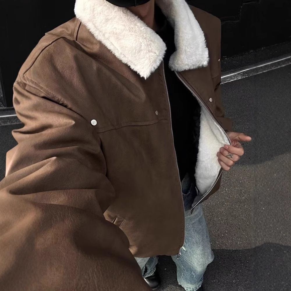 Fur Integrated Lamb Wool Jacket Men's Fleece Thickened Leather Jacket Cotton Jacket American Lapel Jacket_viptrois.com