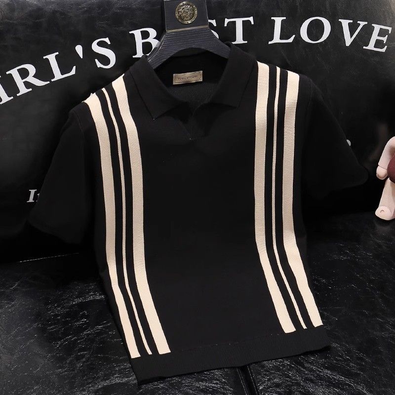 Men's Clothing Summer New Vertical Striped Polo Shirt Knitted Sweater Short Sleeved Slim Fit Business Lapel T Shirt_viptrois.com