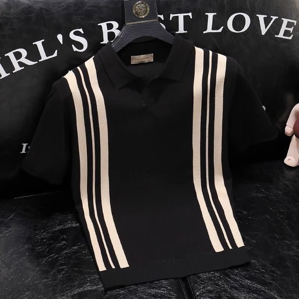 Men's Clothing Summer New Vertical Striped Polo Shirt Knitted Sweater Short Sleeved Slim Fit Business Lapel T Shirt_viptrois.com