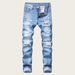 Men's Distressed Straight Leg Slim Fit Jeans Midweight Non-Stretch Heavy Ripped Mid Waist Long Trousers Black Blue_viptrois.com