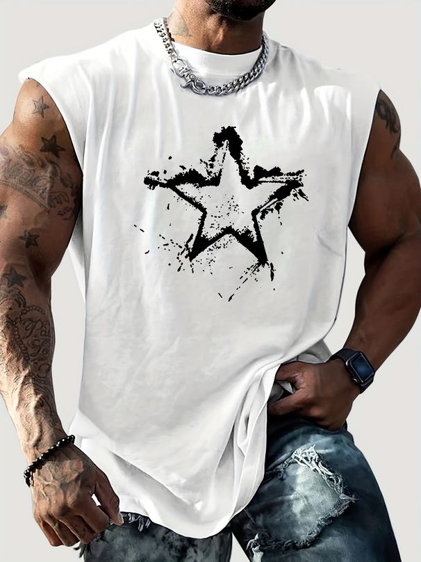 100% Pure Cotton Men's Summer Casual Sports Fitness Loose And Simple Planetary Pattern Printed Breathable Round Neck Sleeveless Vest_viptrois.com