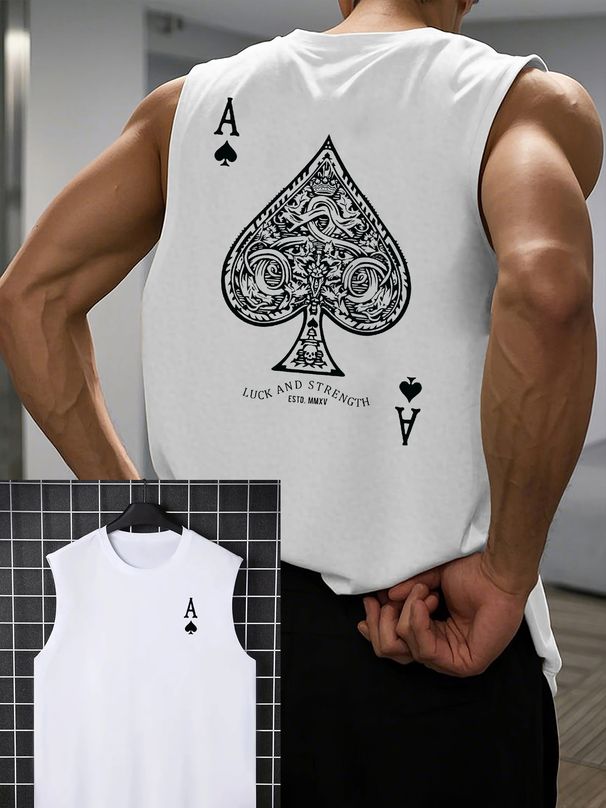 100% Pure Cotton Men's Summer Casual Sports Fitness Loose Poker Card A Pattern Printed Breathable Round Neck Sleeveless Vest_viptrois.com