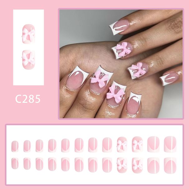 Short glossy European and American French style pink bow cute sweet wear nail simple ins All-match manicure 24 pieces_viptrois.com