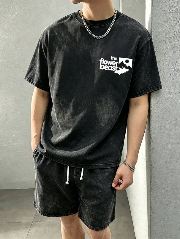 230g Vintage Washed Men Crew Neck Tee The Flower Beast Letter With Mountain Graphic Print Short Sleeve Casual Summer Top_viptrois.com