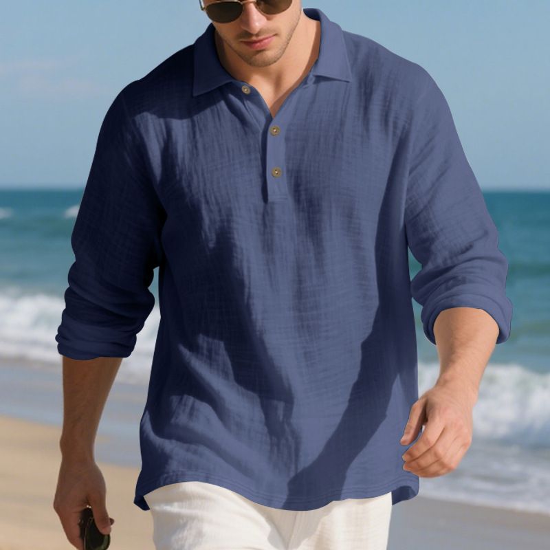Men's Linen Blend Button-Up Polo Shirt – Breathable Long Sleeve, Relaxed Fit, Classic Solid Colors (S-XXXL, Casual & Everyday Wear)_viptrois.com