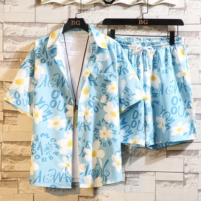 Men's Shirt Suit Summer New Fashion Print Short-sleeved Shirt Beach Pants Big Size_viptrois.com