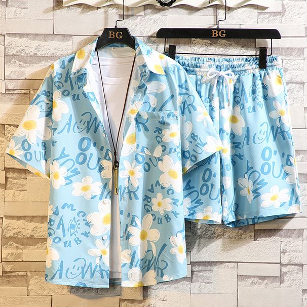 Men's Shirt Suit Summer New Fashion Print Short-sleeved Shirt Beach Pants Big Size_viptrois.com