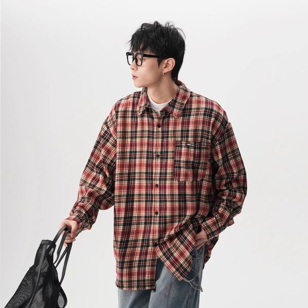Japanese Retro Brushed Plaid Long Sleeve Shirt For Men, Spring And Autumn New Loose BF Style Shirt, Casual Couple Jacket_viptrois.com