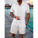 Men's Green Vertical Striped Casual Suit Versatile Breathable Vacation Style Shirt Shorts Set New_viptrois.com