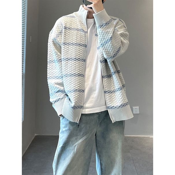 Little Striped Knitted Cardigan Sweater For Men, Autumn And Winter Korean College Style Loose Stand Collar Zipper_viptrois.com