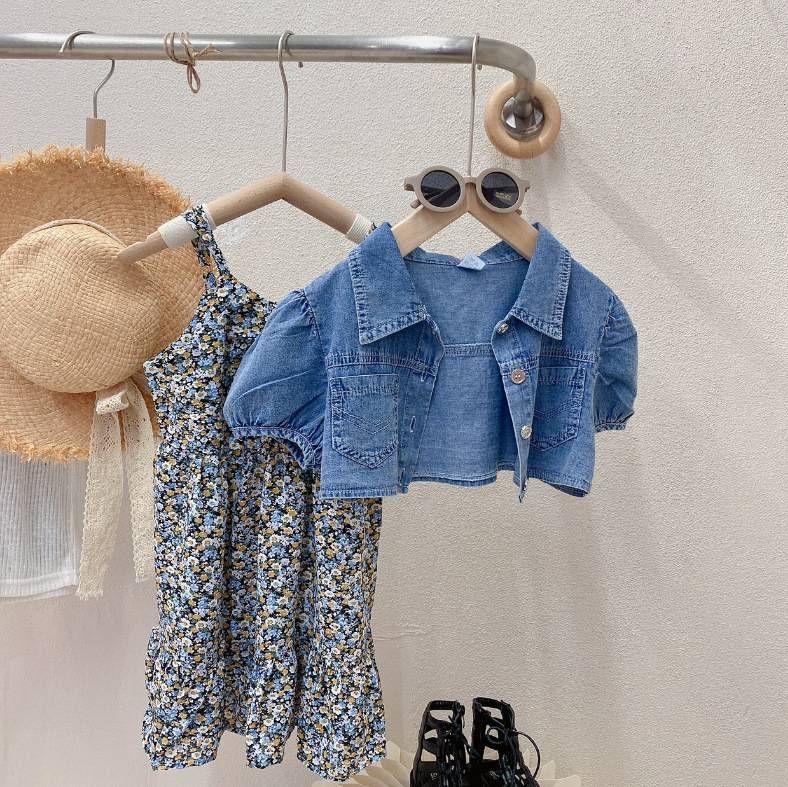 Kids Clothing Girls Fashion Denim Tops Coat Floral Suspender Dress Two piece Set_viptrois.com