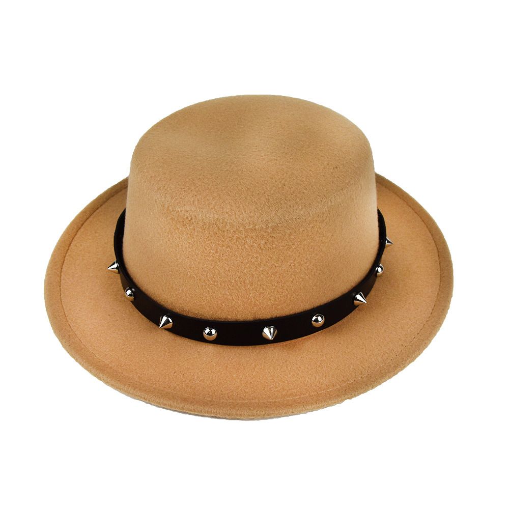 British style rivet belt flat top hat personality street performance woolen hat classic jazz hat_viptrois.com