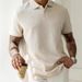 Men's Jacquard Short Sleeve Polo Shirt With Two-Button Collar - Business Casual Slim Fit Cotton Blend Top For Office & Leisure_viptrois.com