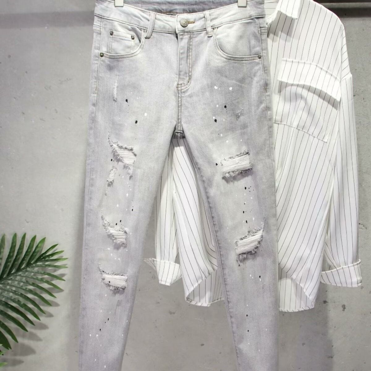 Ripped Raw Edge Washed Jeans For Men American High Street Fashion Brand Hiphop Slim Straight Pants Summer Thin_viptrois.com