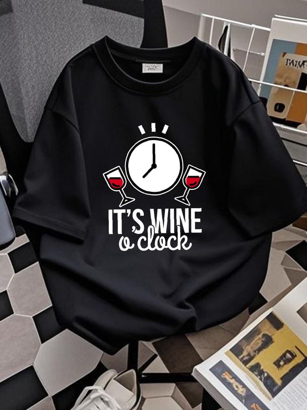 Its Wine A Clock Wine Unisex T-shirt Soft Graphic Fashion Slightly Top For Everyday Wear Designer Clothes Stretched Versatile Summer Homme_viptrois.com