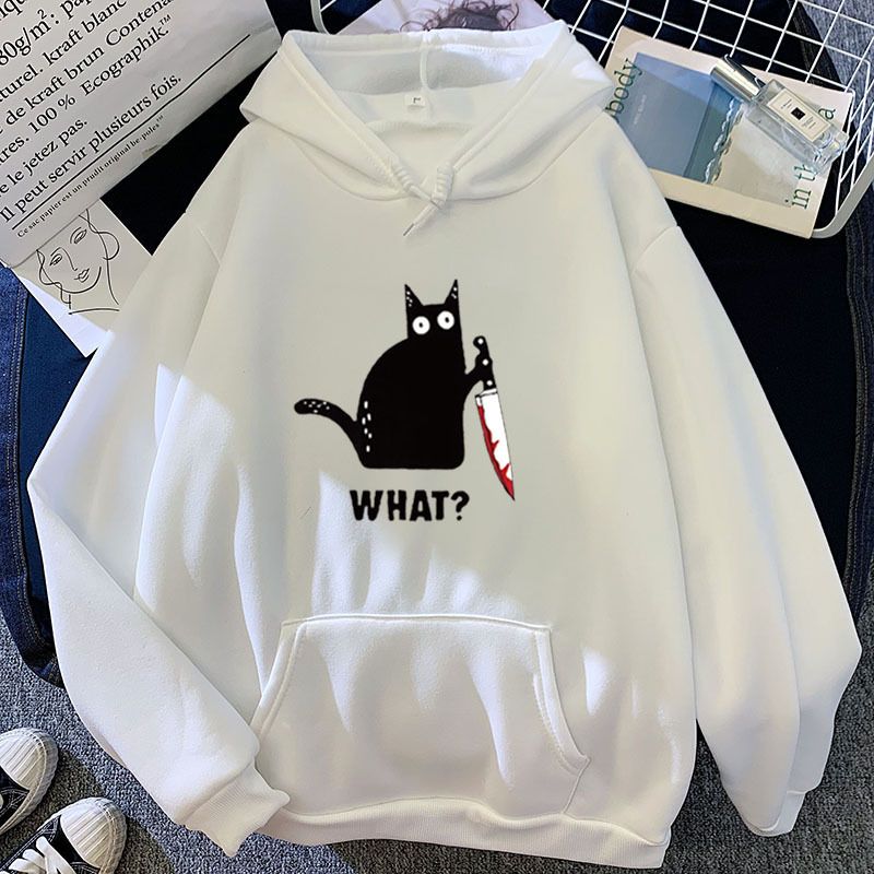Autumn Winter New Candy Color Couple Matching Personalized Print WHAT? Black Cat Graphic Hoodie Sweatshirt_viptrois.com