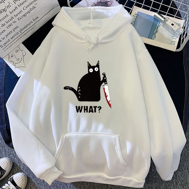 Autumn Winter New Candy Color Couple Matching Personalized Print WHAT? Black Cat Graphic Hoodie Sweatshirt_viptrois.com