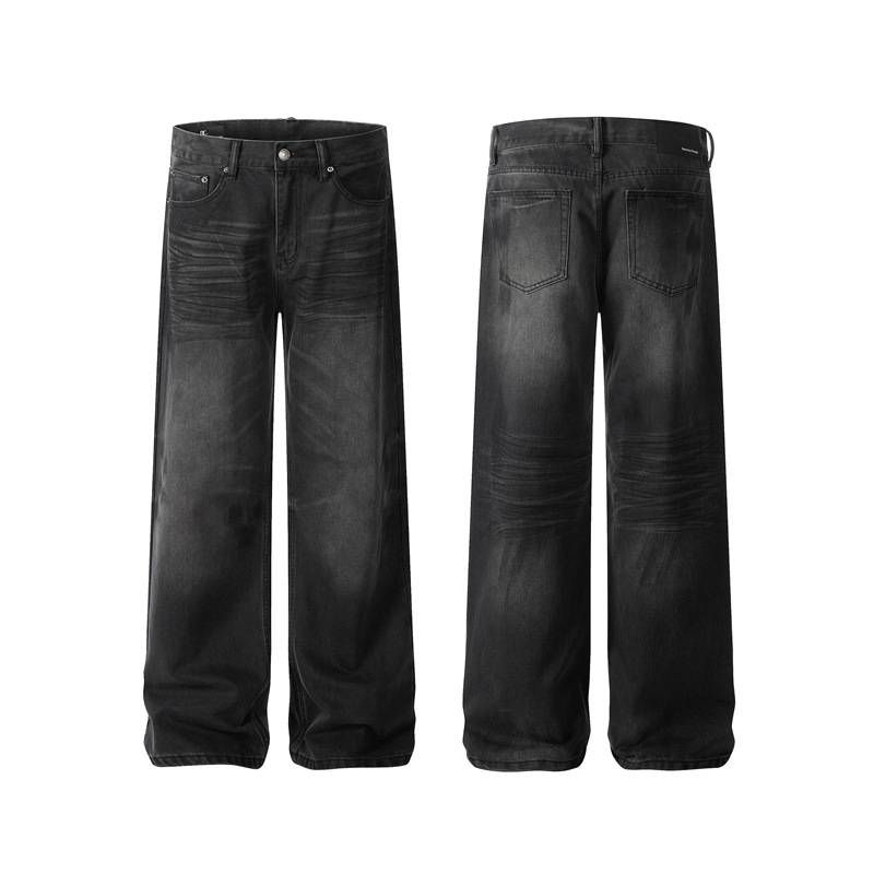 Men's Clothing Jeans Cat Whiskers Washed And Distressed Retro Loose All Match Straight Trousers_viptrois.com