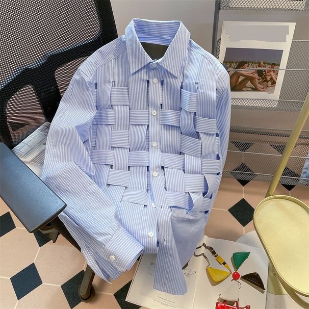Men's Clothing Niche Chic Woven Plaid Striped Shirt Long Sleeved Top Jacket_viptrois.com