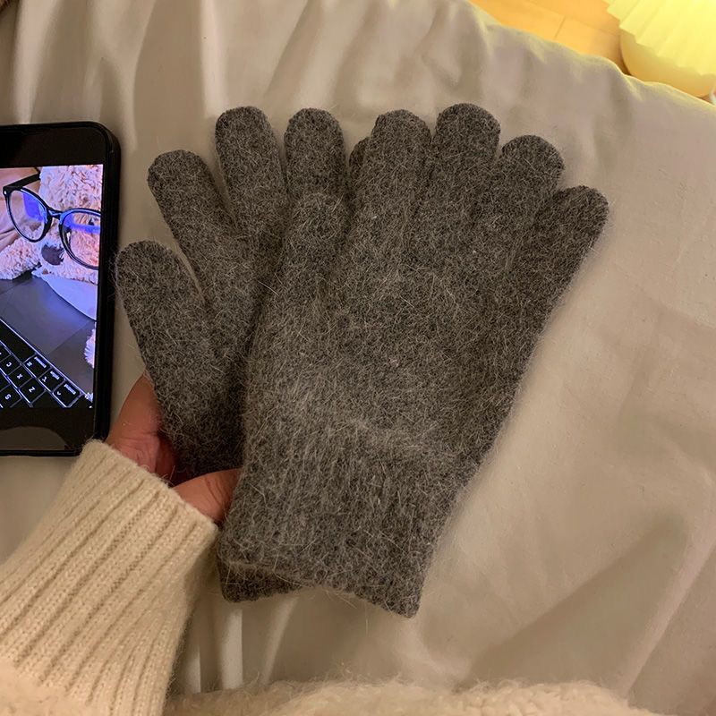 Dopamine Long Gloves For Women In Autumn Winter, Thickened And Warm, Pure Color Wool Blend Knit Cycling Five Finger Set_viptrois.com