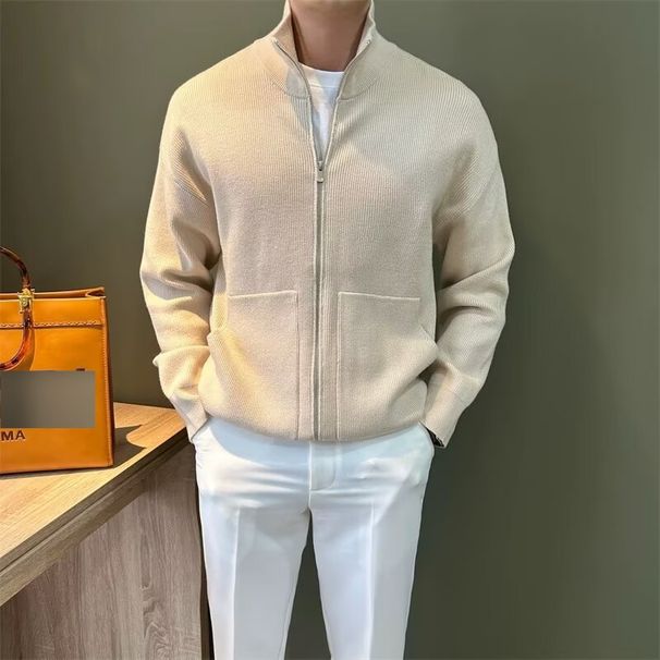 Men's Slim Fit Zip-Up Knit Cardigan - Solid Color Stand Collar Sweater Jacket For Autumn & Winter, Casual Outerwear_viptrois.com
