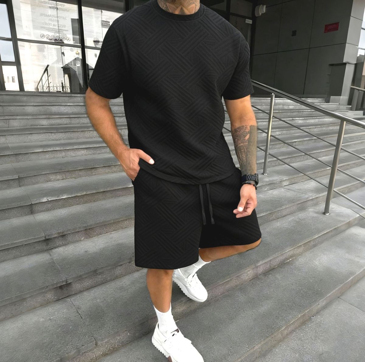 Men's Clothing Summer New Casual Suit Men's Short Sleeved Shorts Suit Solid Color Textured T Shirt Shorts Suit_viptrois.com