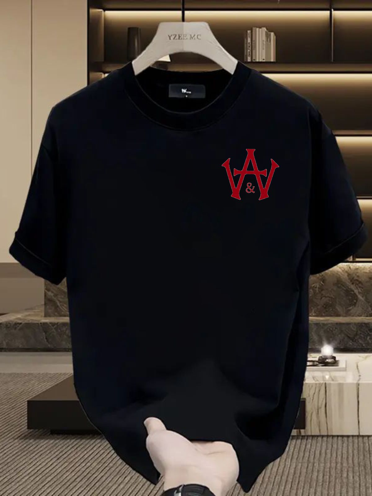 Men's 100% Cotton WA Monogram Print Tee, Light Luxury Casual Round Neck Retro Vintage Short Sleeve T-shirt_viptrois.com