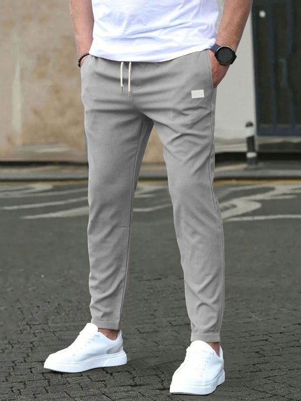 Men's Slim Fit Casual Pants - Solid Color, Nine-Point Design, Leather Label Detail, Comfortable Pocket Trousers_viptrois.com