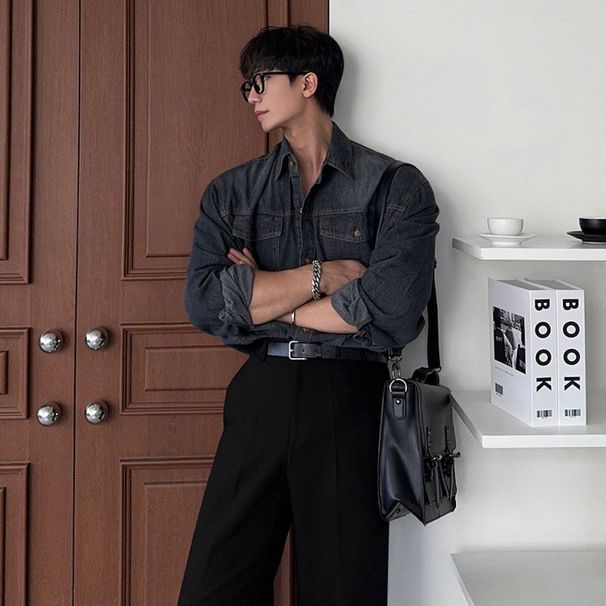 2026 Stylish Denim Shirt For Men, Spring Loose Casual Shirt, Korean Style Trendy Workwear Turn-down Collar Jacket_viptrois.com