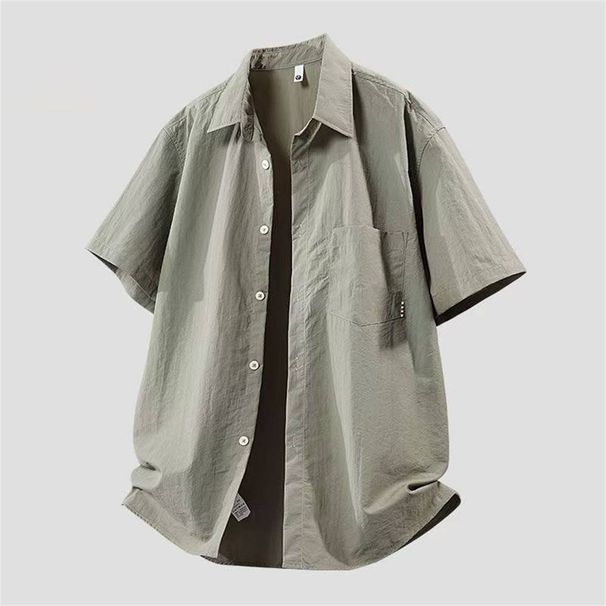 Summer Fashion Workwear Style Men's Lapel Pure Color Single-Breasted Light Breathable Short Sleeve Loose Shirts_viptrois.com