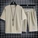 Waffle Sportswear Casual Suit For Men, Hong Kong-style Loose Fake Two-piece Short-sleeved Shirt And Shorts_viptrois.com