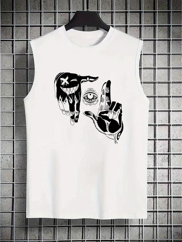 100% Pure Cotton Men's Summer Casual Sports Fitness Loose Gesture And Eye Pattern Printed Breathable Round Neck Sleeveless Vest_viptrois.com