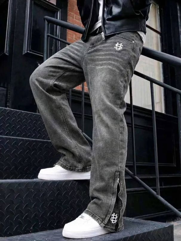 Men's Clothing Menswear Trendy Brand "US"Embroidered Jeans, Loose Fitting Casual Heavyweight Jeans_viptrois.com