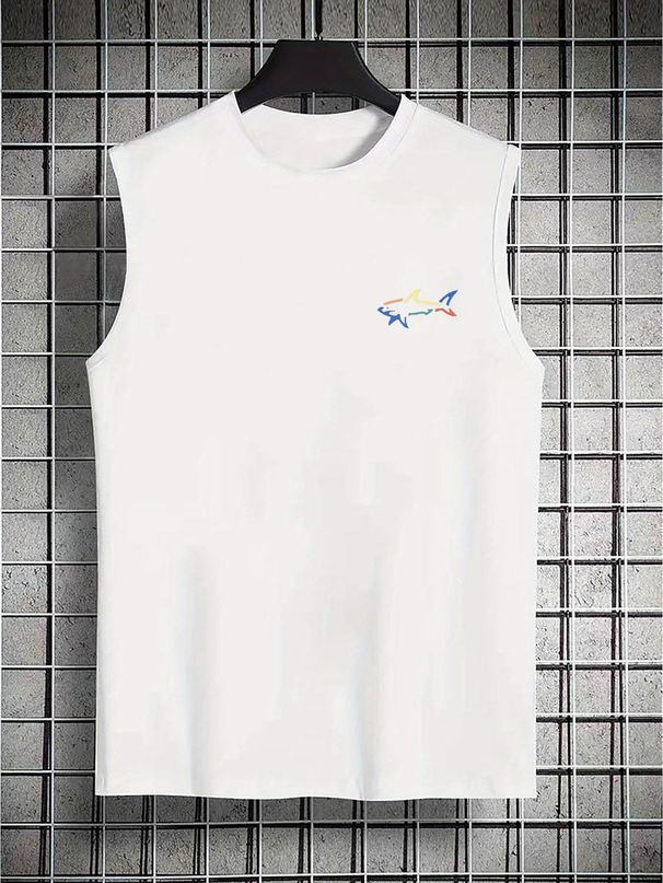 100% Pure Cotton Men's Summer Casual Sports Fitness Loose Shark Pattern Printed Breathable Round Neck Sleeveless Vest_viptrois.com