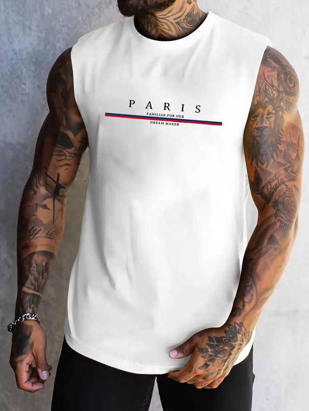 100% Pure Cotton Men's Summer Casual Sports Fitness Loose Paris Pattern Printed Breathable Round Neck Sleeveless Vest_viptrois.com