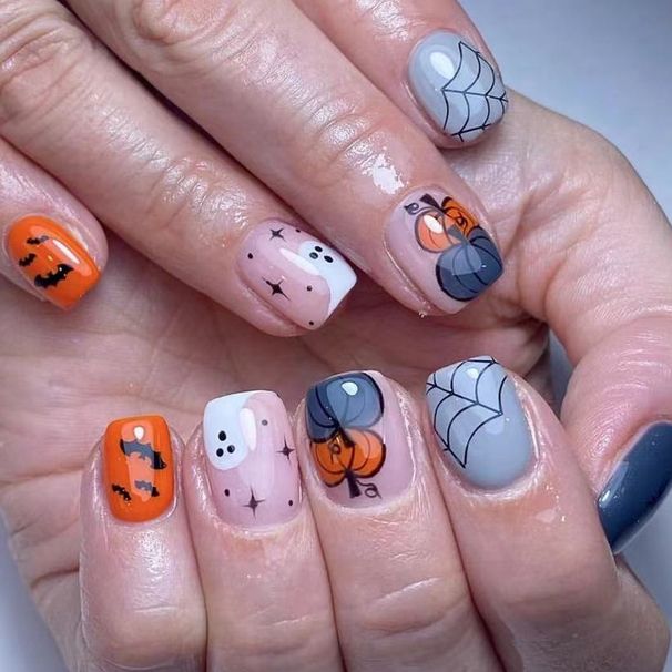 Short Ghost Square Armor Cobweb Multicolor Pumpkin Bat Cute White Ghost Halloween Wear Nail Pieces 24 Pieces_viptrois.com