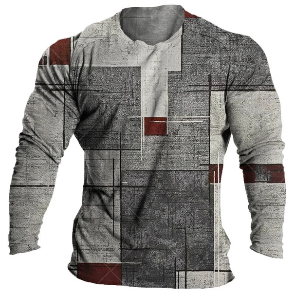 Men's Vintage Multicolored 3D Print Patchwork Plaid Long Sleeve T-Shirt, Polyester, For Autumn Daily_viptrois.com