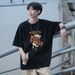Cotton T-shirt (Combed Cotton) Black (Minimalist "MDOS Cash & Hands" Print & Orange-Red Accent) – Oversized Style For Layering_viptrois.com