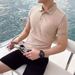 2025 Summer Short-sleeved Ice Silk T-shirt For Men In Korean Style, Simple Lapel, Slim And Breathable Knitted Top_viptrois.com