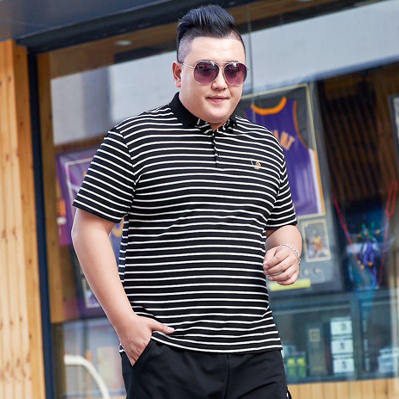 Men's Clothing Summer fashion extra large striped men's lapel t-shirt fat guy fat oversized short-sleeved T-shirt top XXXXXL_viptrois.com