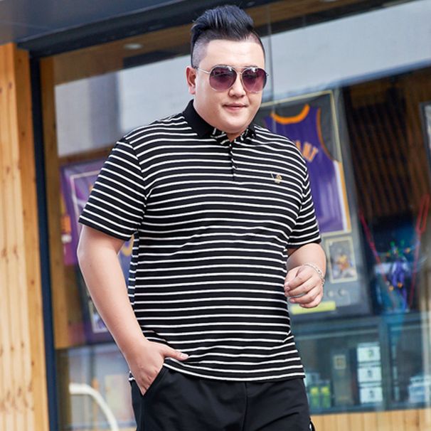 Men's Clothing Summer fashion extra large striped men's lapel t-shirt fat guy fat oversized short-sleeved T-shirt top XXXXXL_viptrois.com