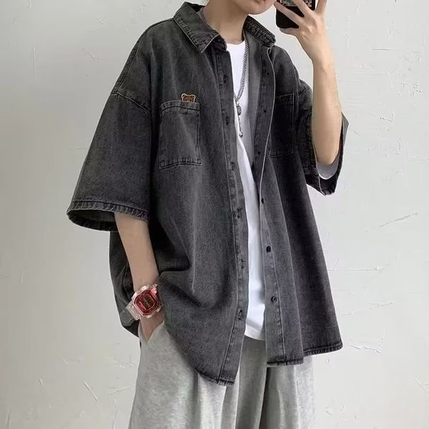 2025 Spring Short Sleeved Denim Shirt For Men's American Trendy Brand Casual Loose Lazy Feng Shui Laundry Coat_viptrois.com