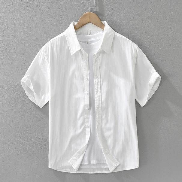 Solid Color Breathable Short Sleeved Shirt, Fashionable And Versatile, Artistic And Casual Loose Top, Men's Clothing_viptrois.com