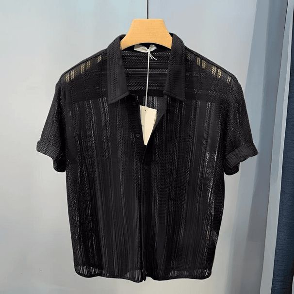 Men's Clothing New High End Hollow Lapel Short Sleeved Men's Shirt Summer Thin Loose Shirt Men's Casual Tops_viptrois.com