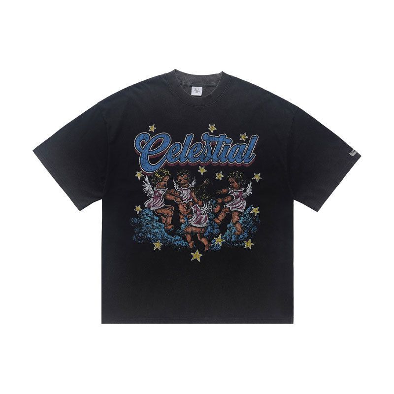 American Street Fashion Washed Vintage Design Printed Summer Loose Men's Short Sleeve_viptrois.com