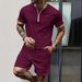 Waffle Zipper Stand Collar Color Matching Short Sleeved Shorts Men's Casual Outdoor Suit_viptrois.com