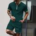 Waffle Zipper Stand Collar Color Matching Short Sleeved Shorts Men's Casual Outdoor Suit_viptrois.com