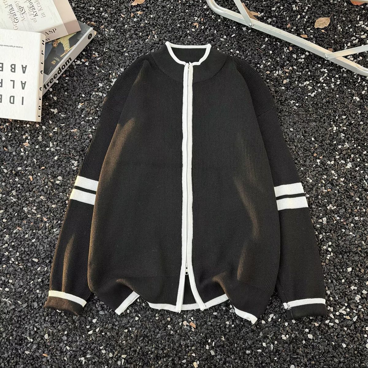 Men's Color-Block Stand Collar Knit Jacket – Trendy Striped Zipper Sweater For Autumn & Winter_viptrois.com