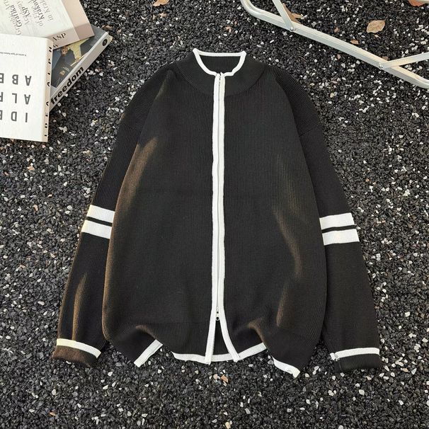 Men's Color-Block Stand Collar Knit Jacket – Trendy Striped Zipper Sweater For Autumn & Winter_viptrois.com